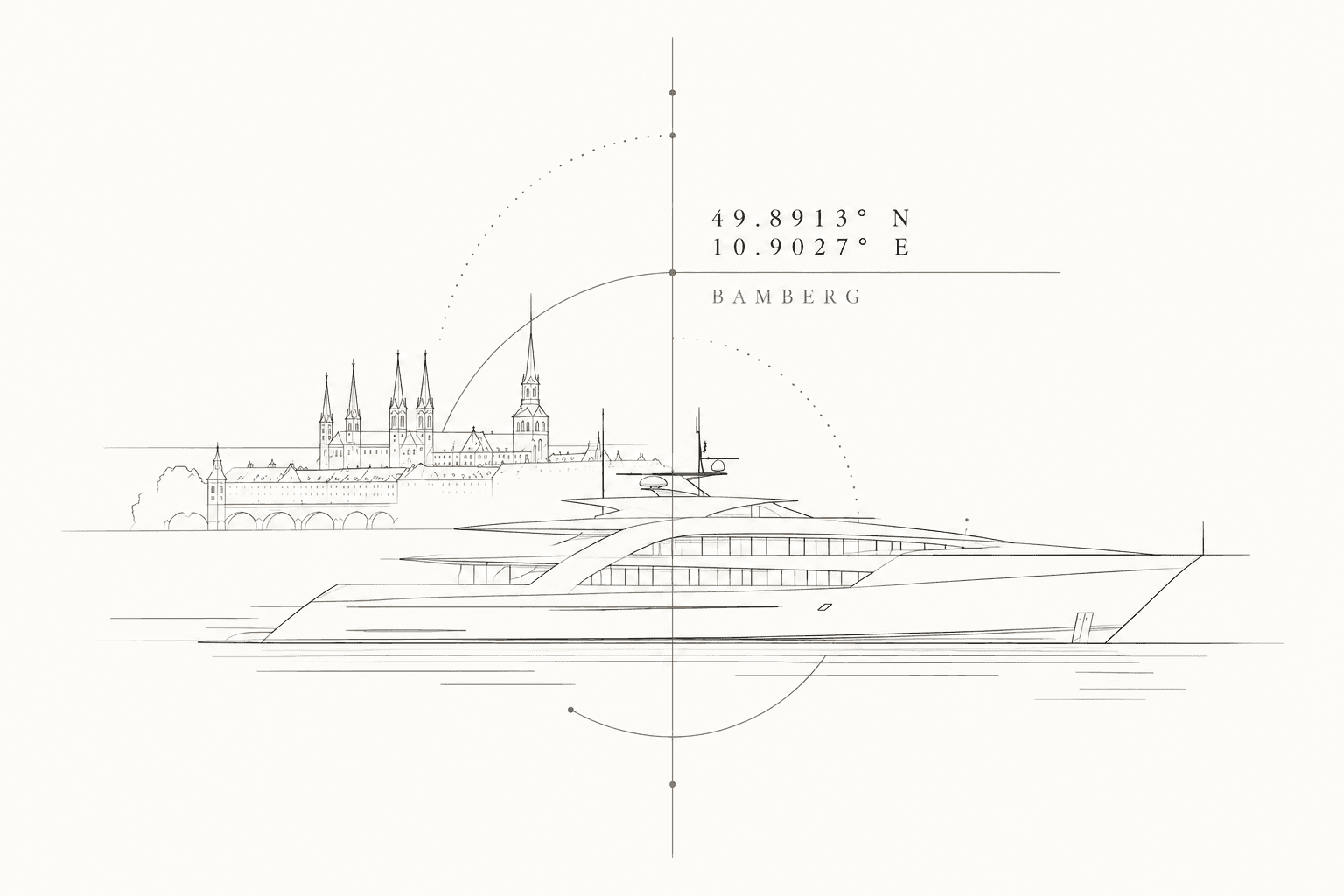 Architektonische Linienzeichnung einer Yacht vor der Bamberger Stadtsilhouette, mit den Koordinaten 49.8913° N und 10.9027° E.